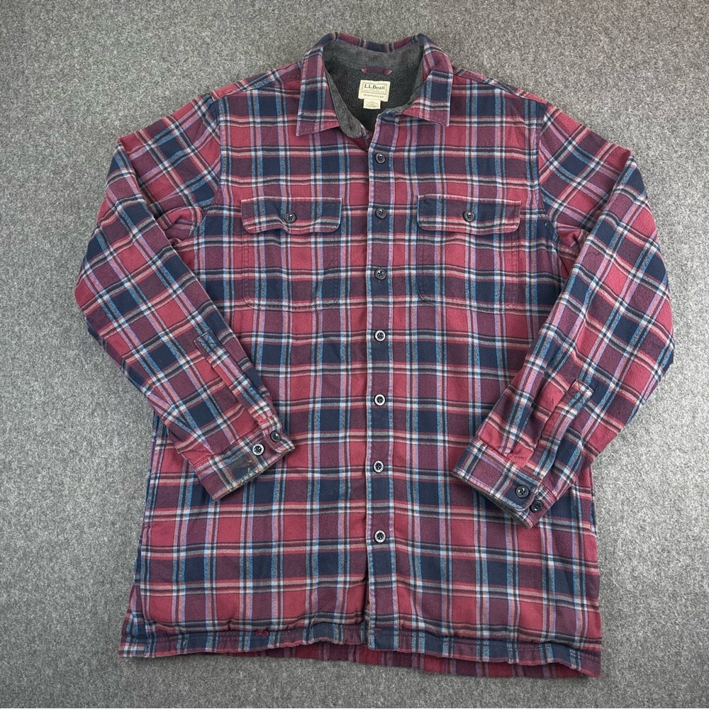 LL Bean Jacket Men Large Tall Shacket Sherpa Lined Flannel Shirt Traditional Fit